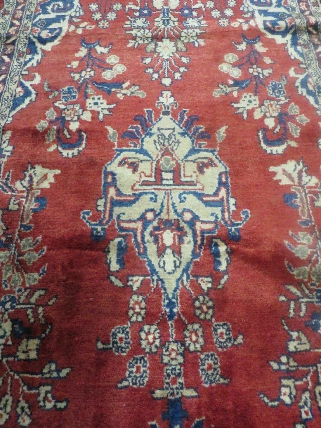 Persian Runner Rug 3 x 12, Antique Wool Oriental Runner, Floral Vases, Red & Navy Blue - Nuvé