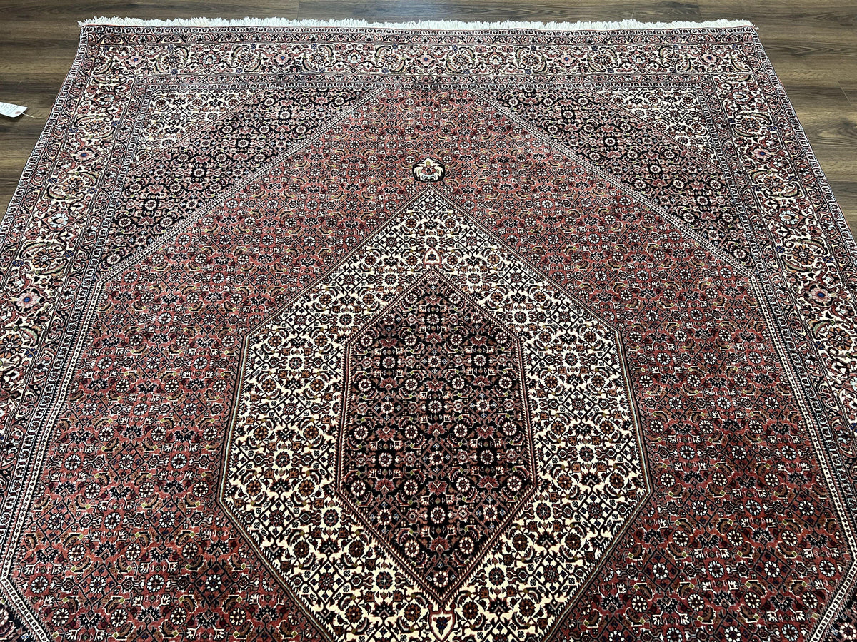Wonderful Persian Bidjar Rug 7x8 ft, Almost Square Oriental Carpet, Herati Mahi, Highly Detailed, Ivory Red Navy Blue, Very Fine Handmade Bijar Rug