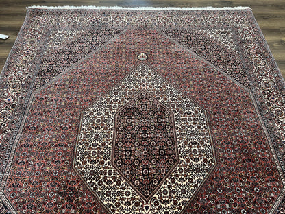 Wonderful Persian Bidjar Rug 7x8 ft, Almost Square Oriental Carpet, Herati Mahi, Highly Detailed, Ivory Red Navy Blue, Very Fine Handmade Bijar Rug
