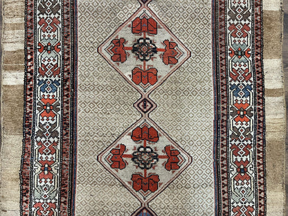 Rare Persian Sarab Tribal Runner Rug 4 x 10, Antique, Geometric Medallions, Camel Hair Runner - Nuvé