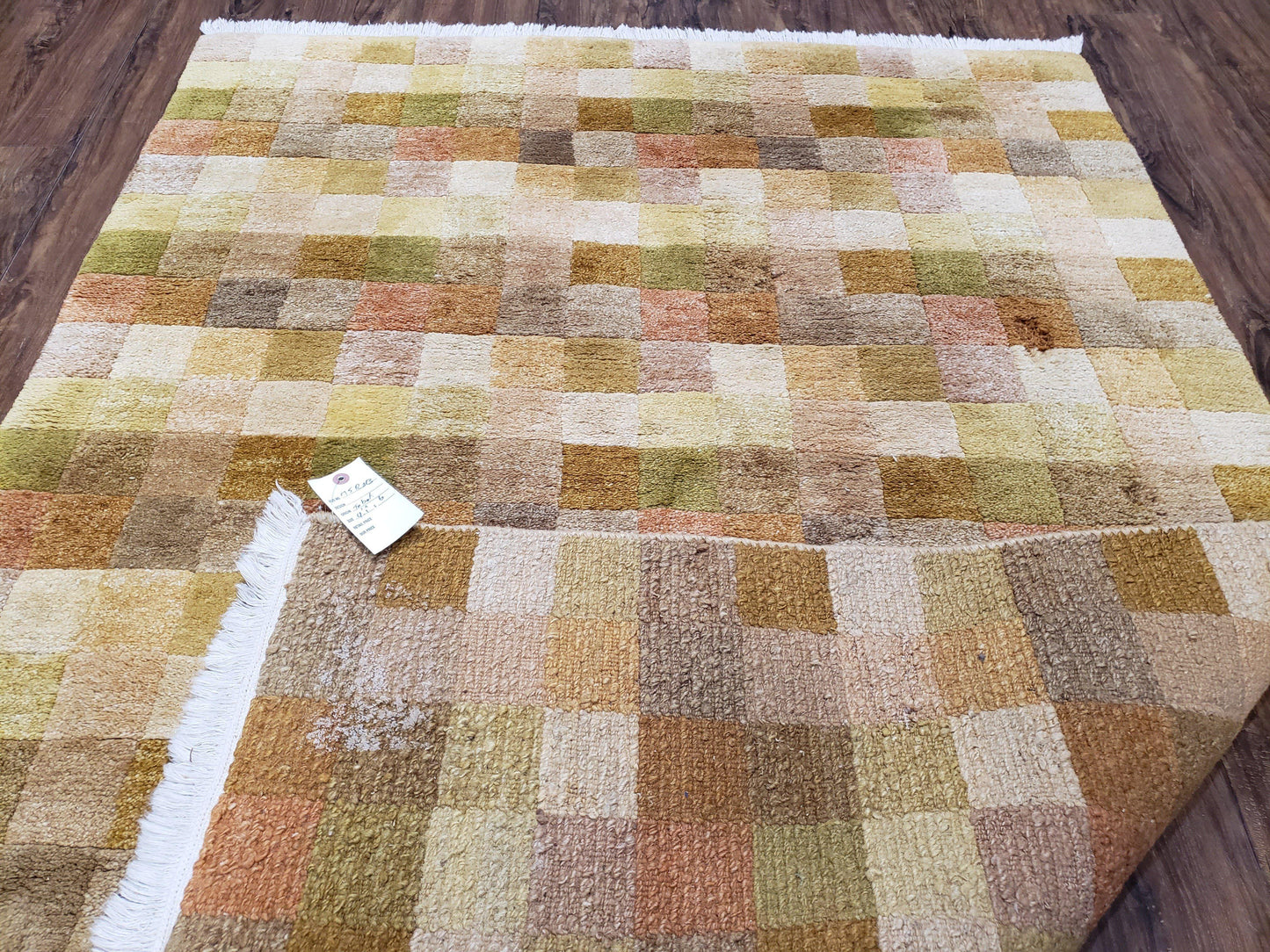 4x6 Tibetan Rug, Modern Abstract Handmade Area Rug, Checkerboard Pattern, Neutral Ivory Gold Tan Colors, Soft Pile, Mid Sized Rug, Nepali - Nuvé