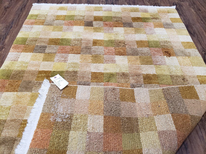 4x6 Tibetan Rug, Modern Abstract Handmade Area Rug, Checkerboard Pattern, Neutral Ivory Gold Tan Colors, Soft Pile, Mid Sized Rug, Nepali - Nuvé