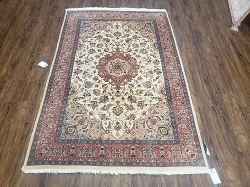 4x6 Handmade Top Quality Pakistani Floral Wool Rug Veg Dyes Carpet Beige Salmon - Nuvé