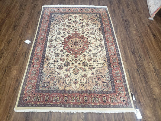 4x6 Handmade Top Quality Pakistani Floral Wool Rug Veg Dyes Carpet Beige Salmon - Nuvé