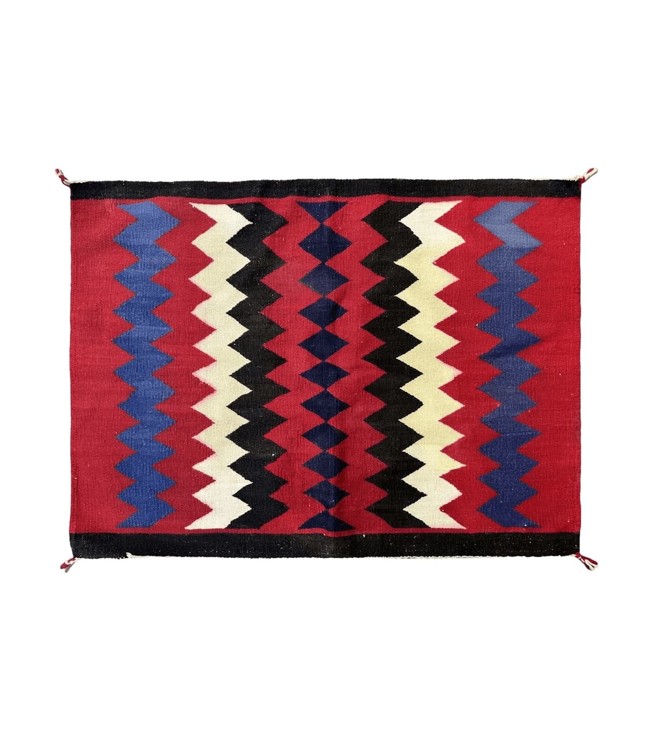 Antique Navajo Rug 3.7 x 2.8, Red Ivory Blue, Zig Zag Pattern, Handmade, Wool