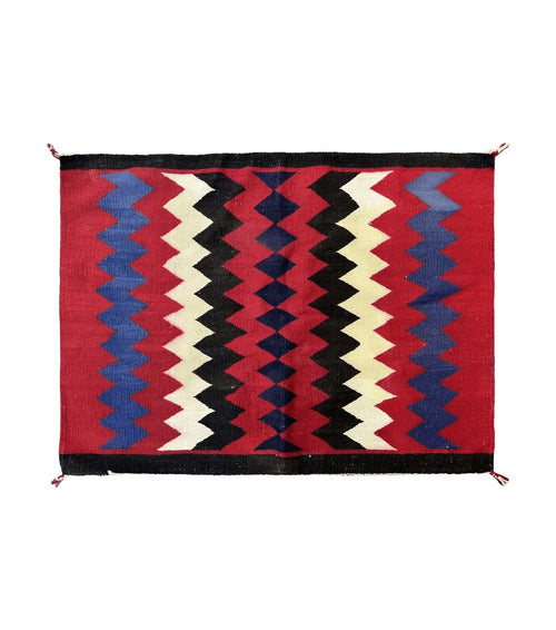 Antique Navajo Rug 3.7 x 2.8, Red Ivory Blue, Zig Zag Pattern, Handmade, Wool