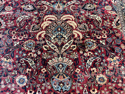 Antique Persian Mashad Rug 10x12, Red and Ivory, Signed by Master Weaver