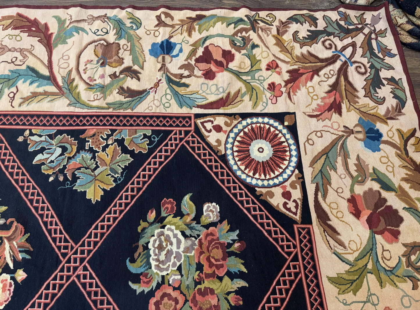 Palace Size Needlepoint Rug 12x20, European French English Aubusson Floral Design, Black and Beige - Nuvé