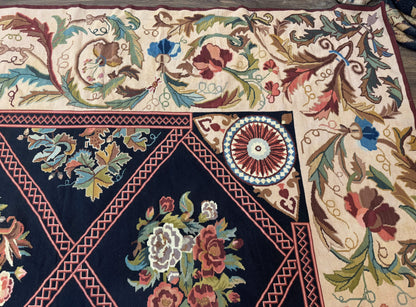Palace Size Needlepoint Rug 12x20, European French English Aubusson Floral Design, Black and Beige - Nuvé