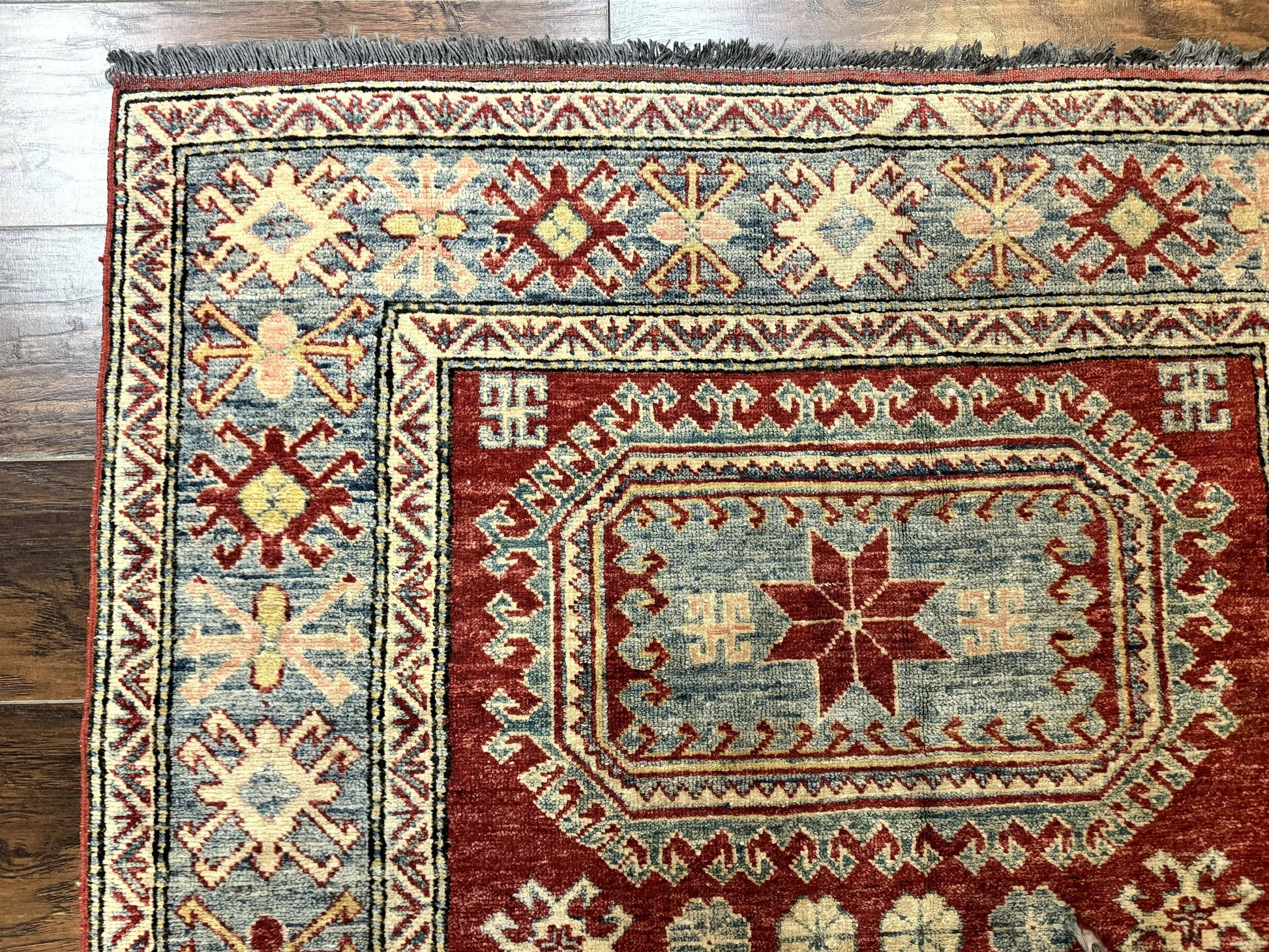 Turkish Kazak Rug 4x6, Handmade Vintage Wool Carpet, Geometric Design, Red and Light Blue - Nuvé