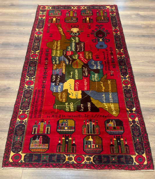 Red Afghan Balouch Rug 3x7, Tribal, Map of Afghanistan Depiction, Handmade, New - Nuvé