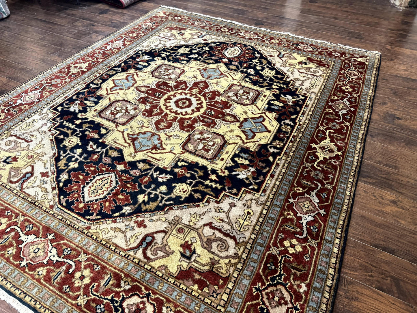 Indo Persian Heriz Rug 8x10, Geometric Medallion, Serapi Carpet, Wool Vintage Rug - Nuvé