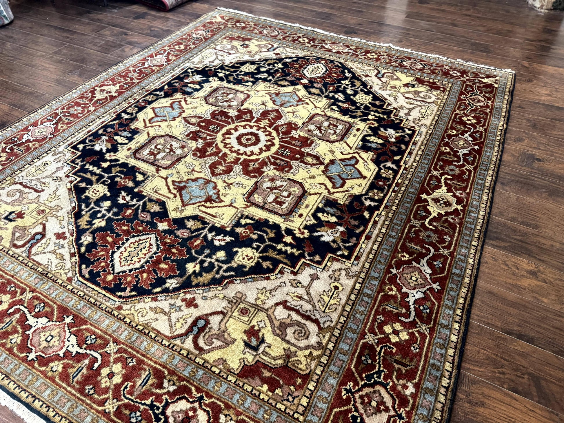 Indo Persian Heriz Rug 8x10, Geometric Medallion, Serapi Carpet, Wool Vintage Rug - Nuvé