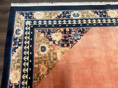 Chinese Wool Rug 11x18, Palace Sized Chinese Carpet, Peking Rug, Peach and Blue, Open Field, Simple Design, Art Deco Rug, Large Handmade Rug - Nuvé