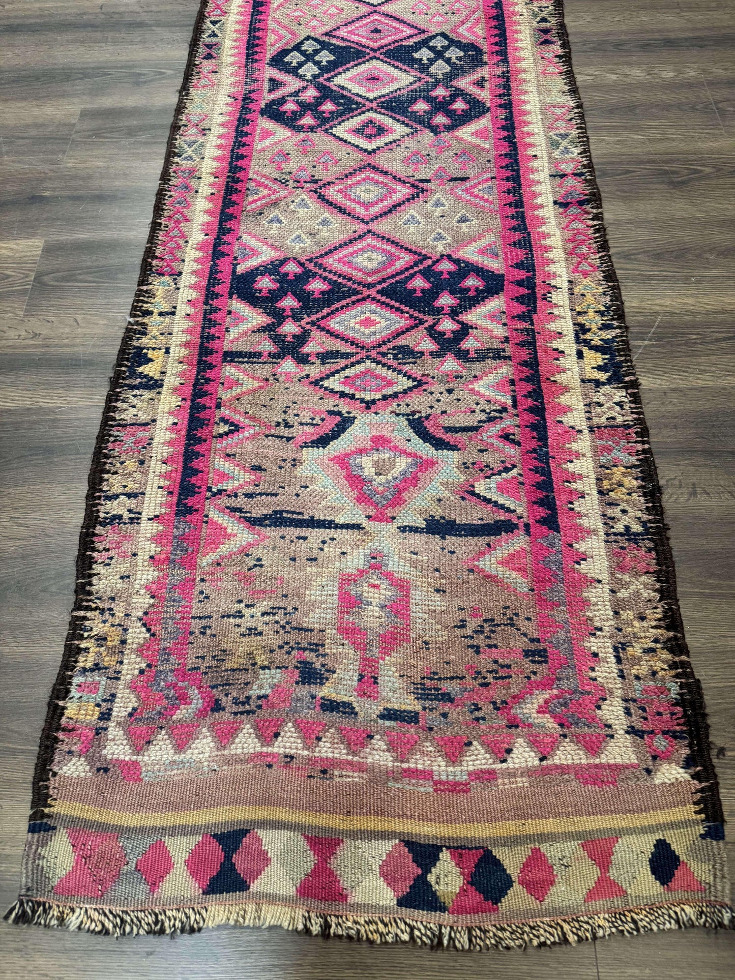 Turkish Runner Rug 3x10, Pink and Navy Blue, Bohemian Runner for Hallway or Kitchen, Vintage, Geometric, Tribal - Nuvé