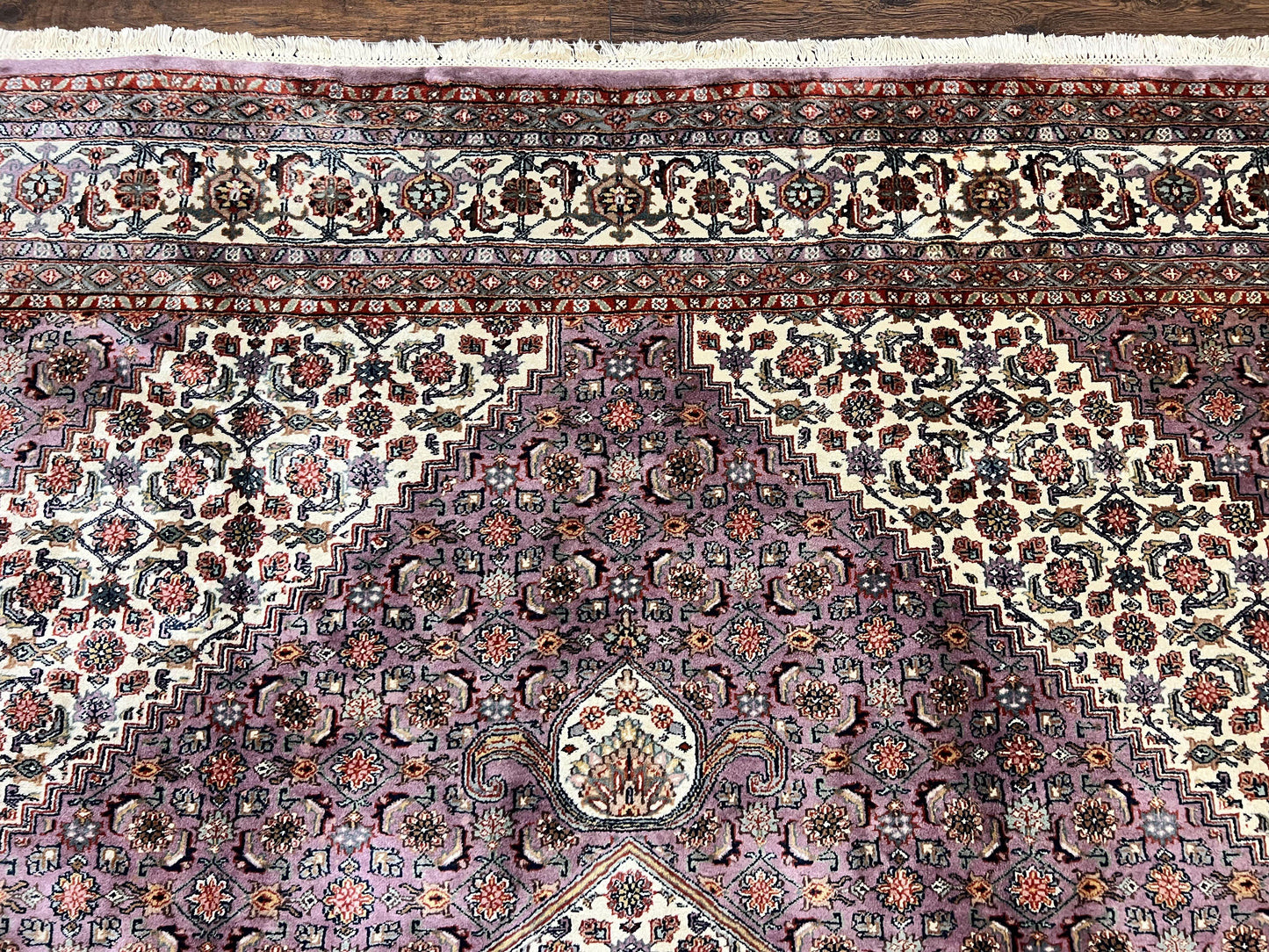 Indo Persian Bidjar Rug 8x10, Purple and Ivory Hand Knotted Wool Vintage Oriental Carpet, Herati Mahi Pattern, 8 x 10 Traditional Fine Rug - Nuvé
