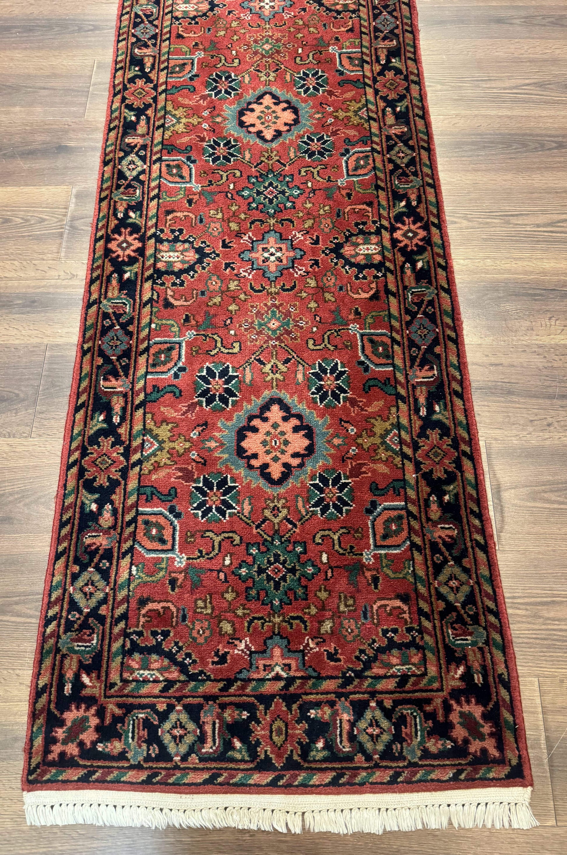 Indo Persian Heriz Runner Rug 2 x 12 ft, Hand Knotted Wool Hallway Rug, Red & Black - Nuvé