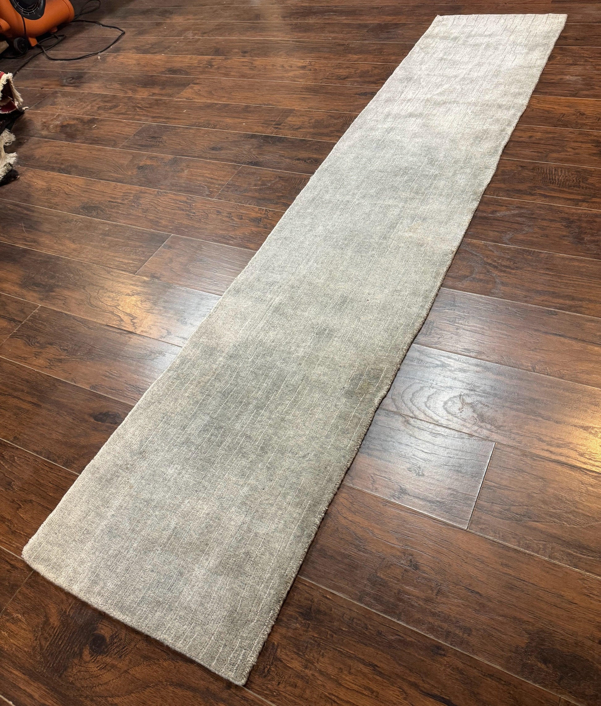 Modern Tibetan Runner Rug 1.9 x 8.6, Wool and Silk Highlights, Gray/Silver, Narrow Runner for Hallway or Kitchen - Nuvé