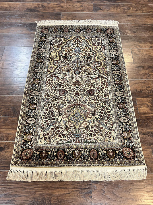 Turkish Kayseri Silk Rug 3x5, Tree of Life Silk Oriental Carpet, Birds Persian Vase Design, Hand Knotted Vintage Fine Rug, 340 KPSI - Nuvé