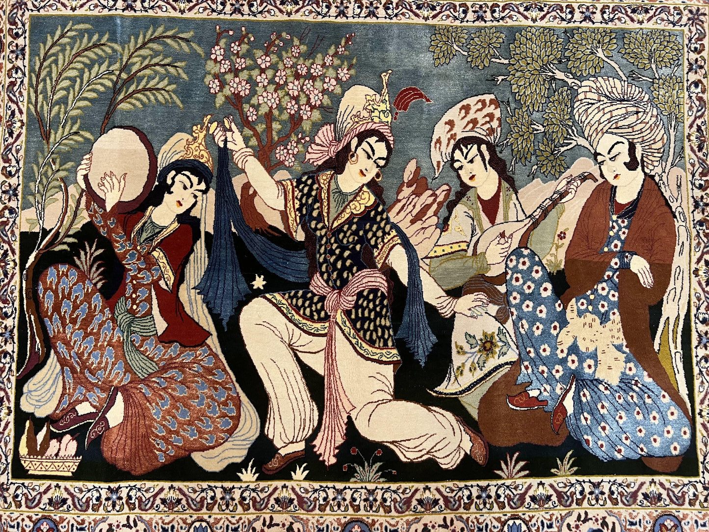 Persian Pictorial Rug 5 x 4 ft, Persian Isfahan Rug, Kork Wool on Silk Foundation, Signature from Master Weaver, Drums and Musical Instruments, Birds, Detailed - Nuvé