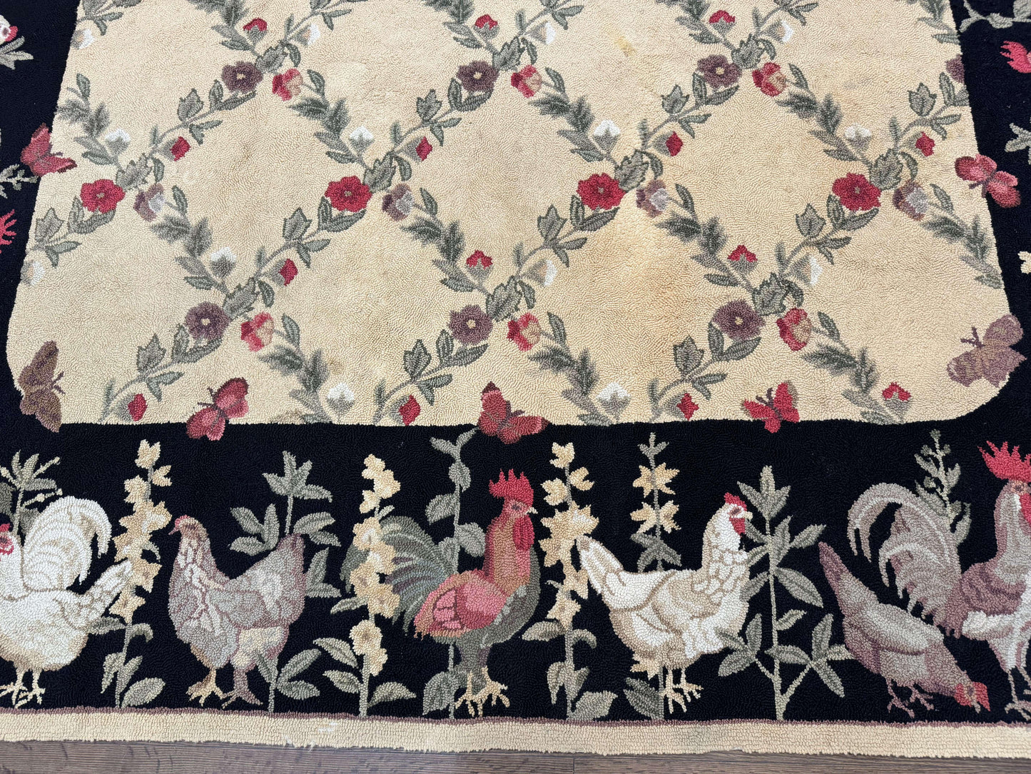 Vintage Hooked Rug 7x9, Rosters in Border, Roses and Butterflies - Nuvé