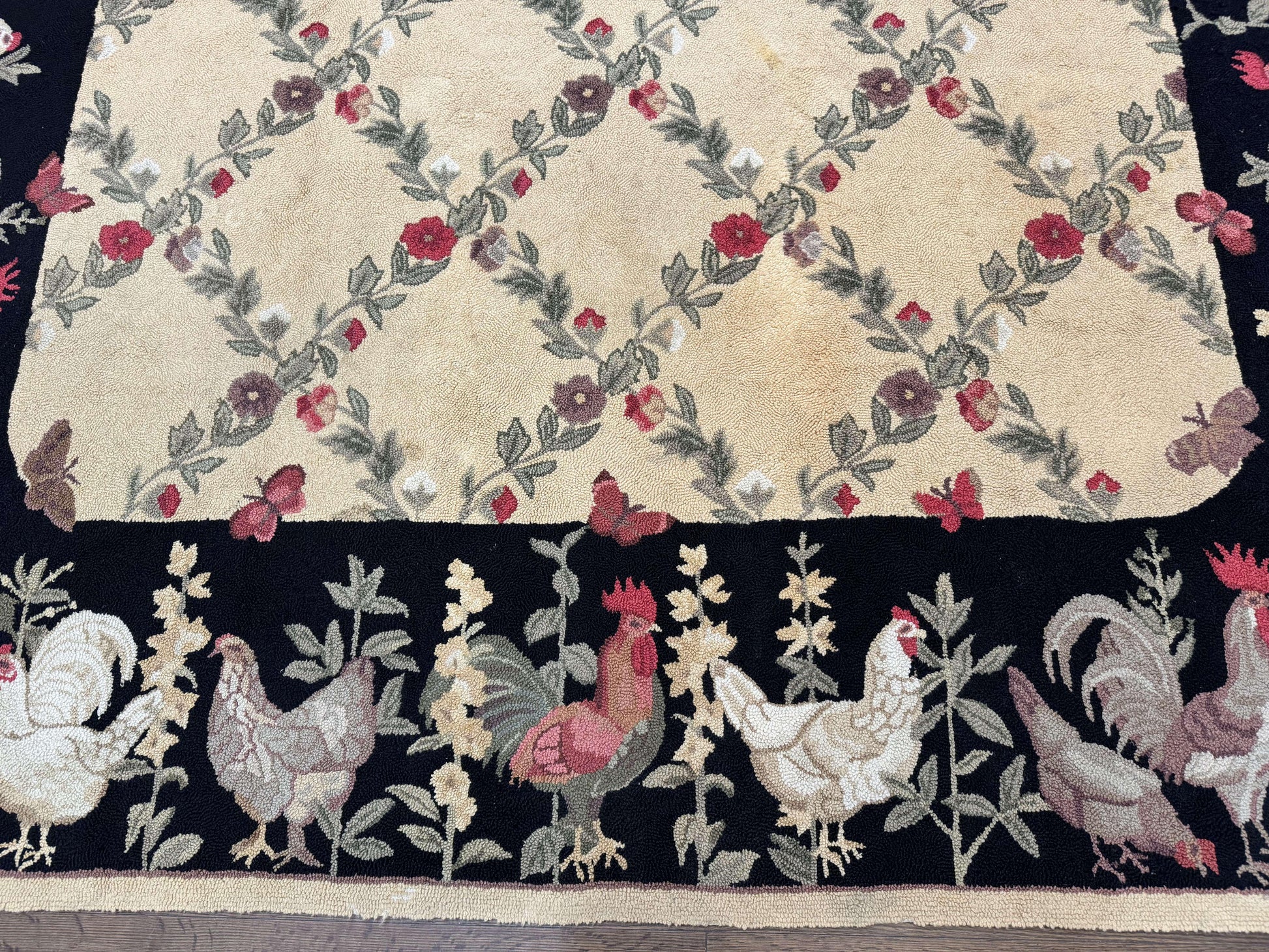 Vintage Hooked Rug 7x9, Rosters in Border, Roses and Butterflies - Nuvé