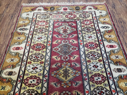 Turkish Caucasian Rug 4x7, Vintage Hand-Knotted Wool Turkish Talish Carpet 4 x 7, Cream, Burnt Orange Carmine Red Area Rug, Bohemian Rug - Nuvé