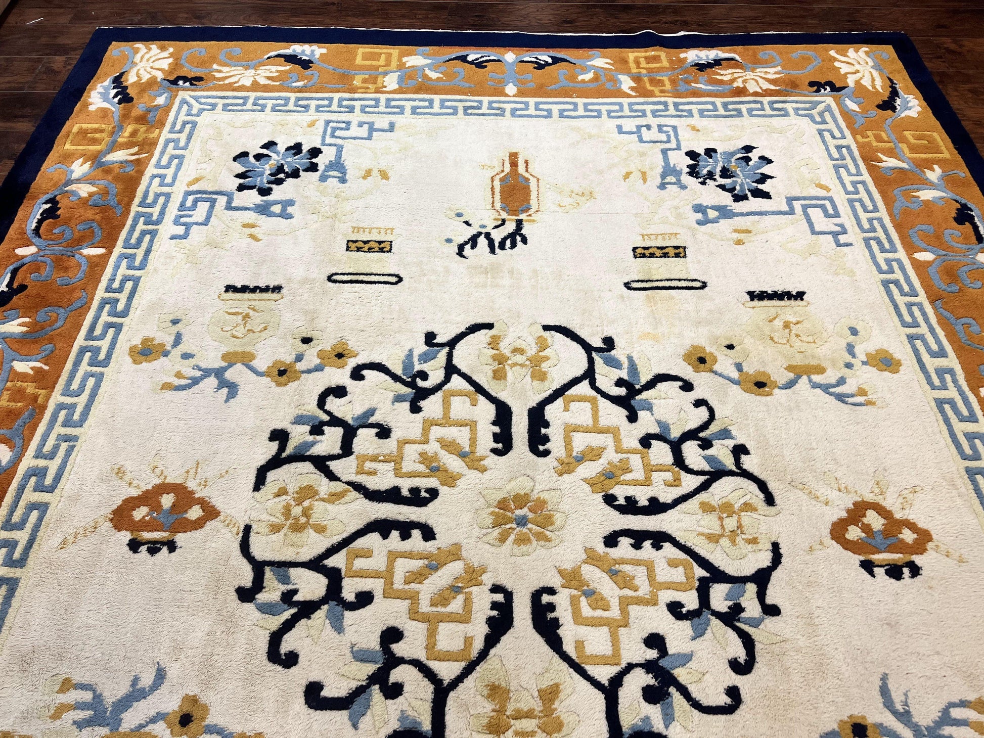 Indo Chinese Rug 9x12, Asian Oriental Carpet 9 x 12, Cream & Burnt Orange, Handmade Wool Vintage Art Deco Rug - Nuvé