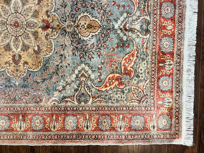 Silk Turkish Rug 5x7, Light Blue Silk Carpet, Floral Medallion, Turkish Kayseri Rug, Vintage Handmade Oriental Rug - Nuvé