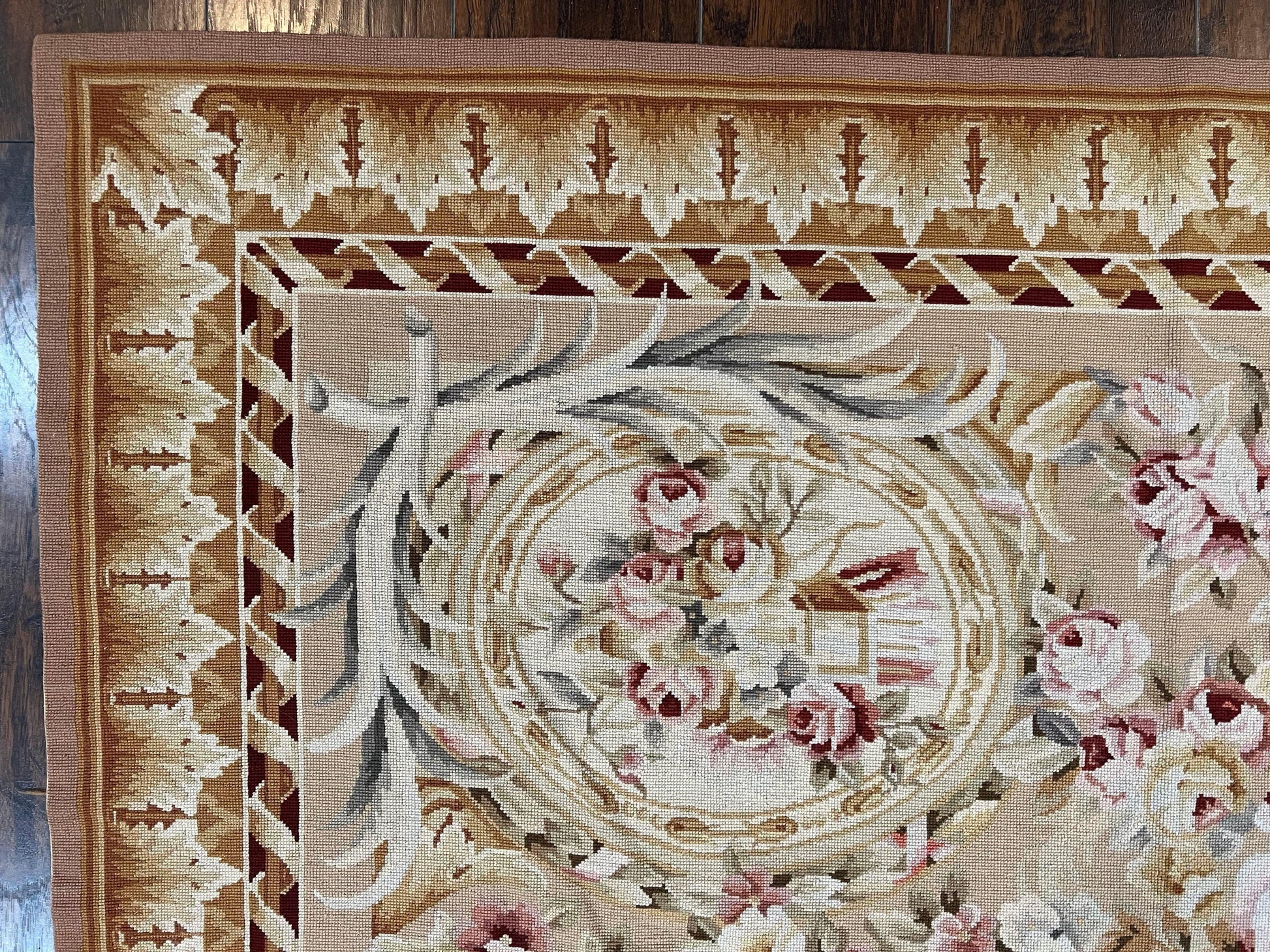 Aubusson Rug 9x12, Elegant Savonnerie Carpet 9 x 12 ft, Beige Ivory Tan, Floral, Flatweave Wool Handmade Area Rug 9 x 12 ft, European French - Nuvé