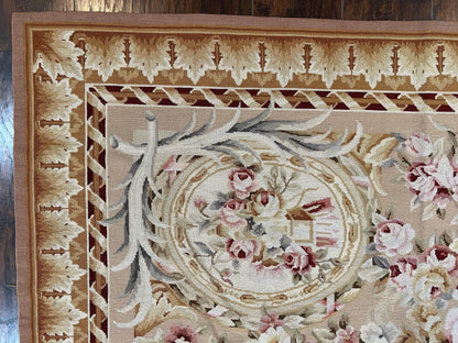 Aubusson Rug 9x12, Elegant Savonnerie Carpet 9 x 12 ft, Beige Ivory Tan, Floral, Flatweave Wool Handmade Area Rug 9 x 12 ft, European French - Nuvé