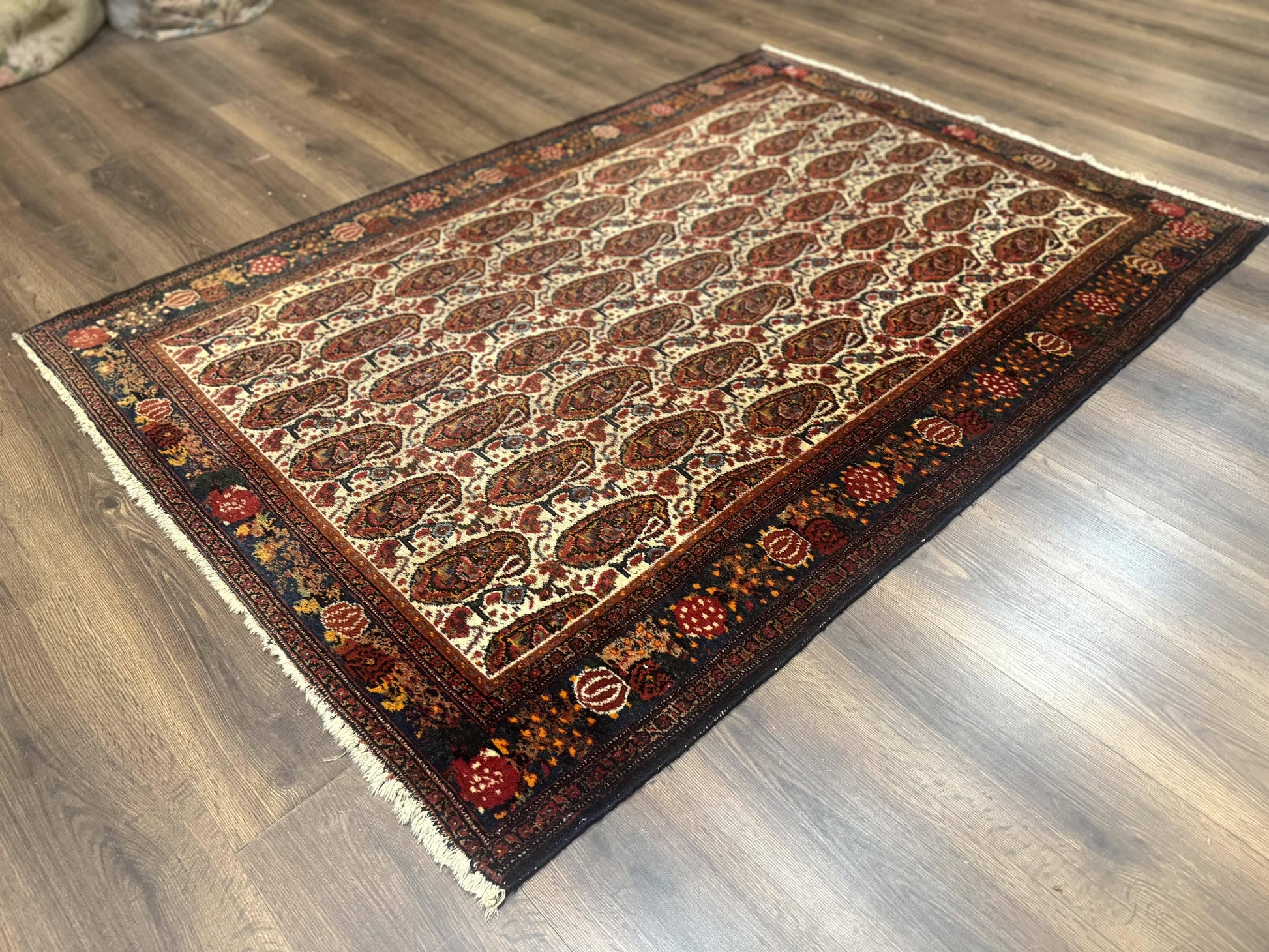 Antique Persian Kurdish Senneh Rug 4.6 x 6.5, Repeated Paisely Boteh Design, Handmade - Nuvé