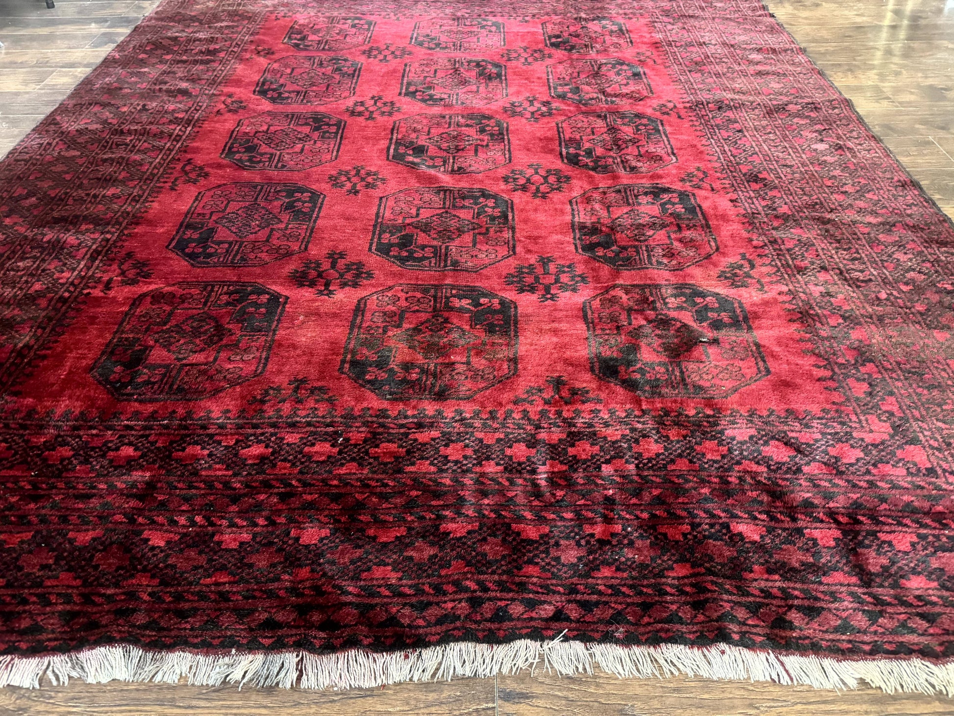 Afghan Turkoman Rug 9x10, Red Beshir Carpet, Tribal, Wool, Antique - Nuvé