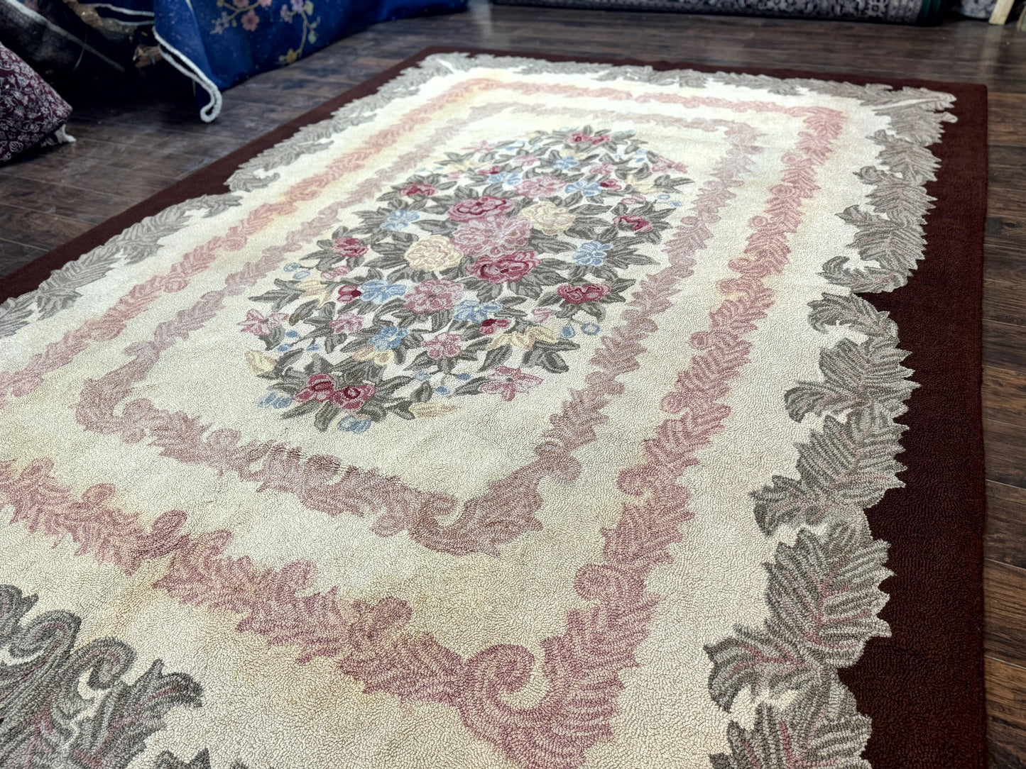 American Hand Hooked Rug 9x12, Vintage Aubusson Carpet, Wool - Nuvé