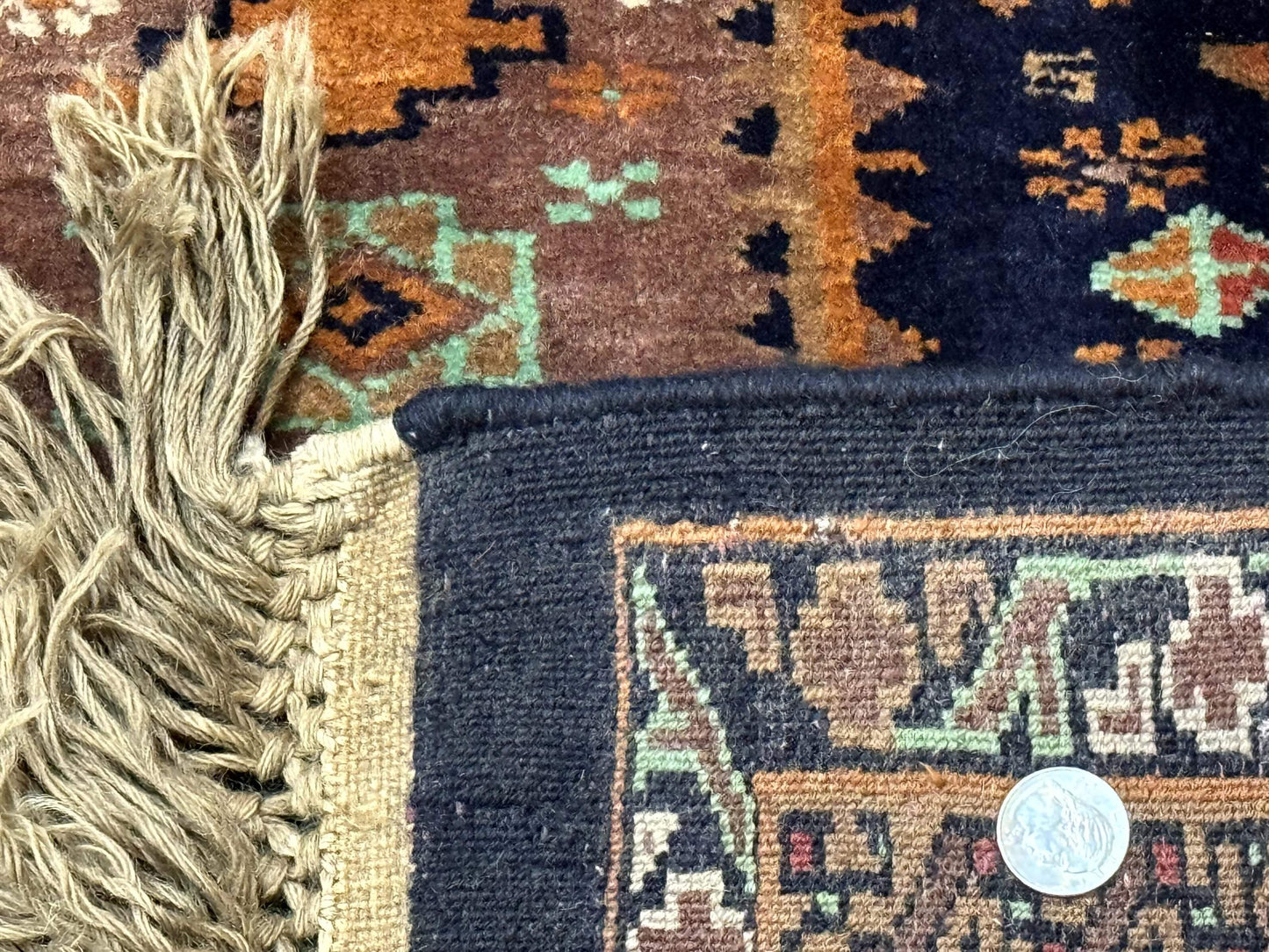 Vintage Afghan Rug 4x6, Navy Blue and Light Brown, Geometric Medallions, Wool on Wool, Tribal Rug - Nuvé