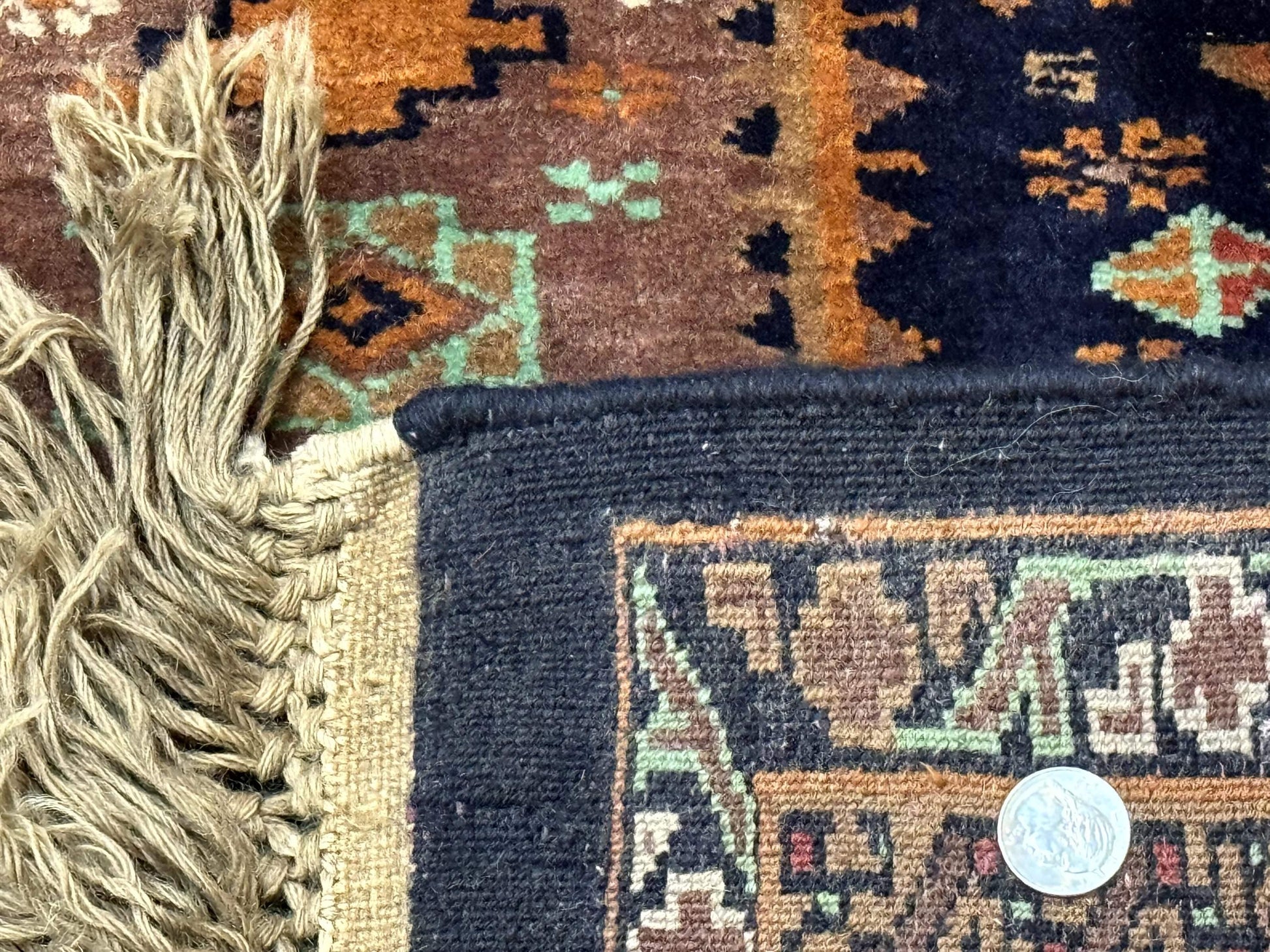 Vintage Afghan Rug 4x6, Navy Blue and Light Brown, Geometric Medallions, Wool on Wool, Tribal Rug - Nuvé