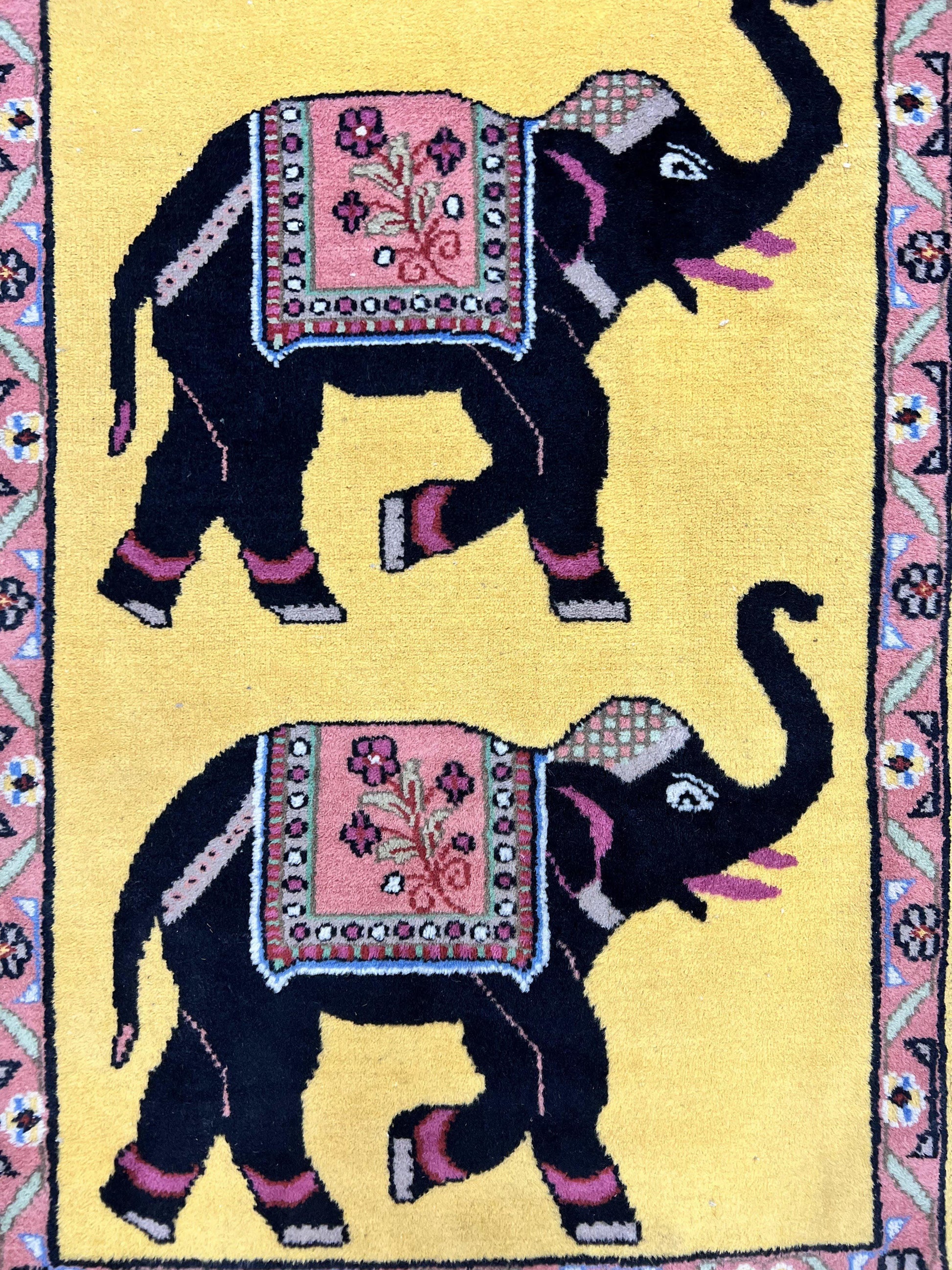 Unique Indian Pictorial Rug 2x3, Small Wool Hand Knotted Oriental Carpet, Yellow, Two Elephants, Handmade - Nuvé