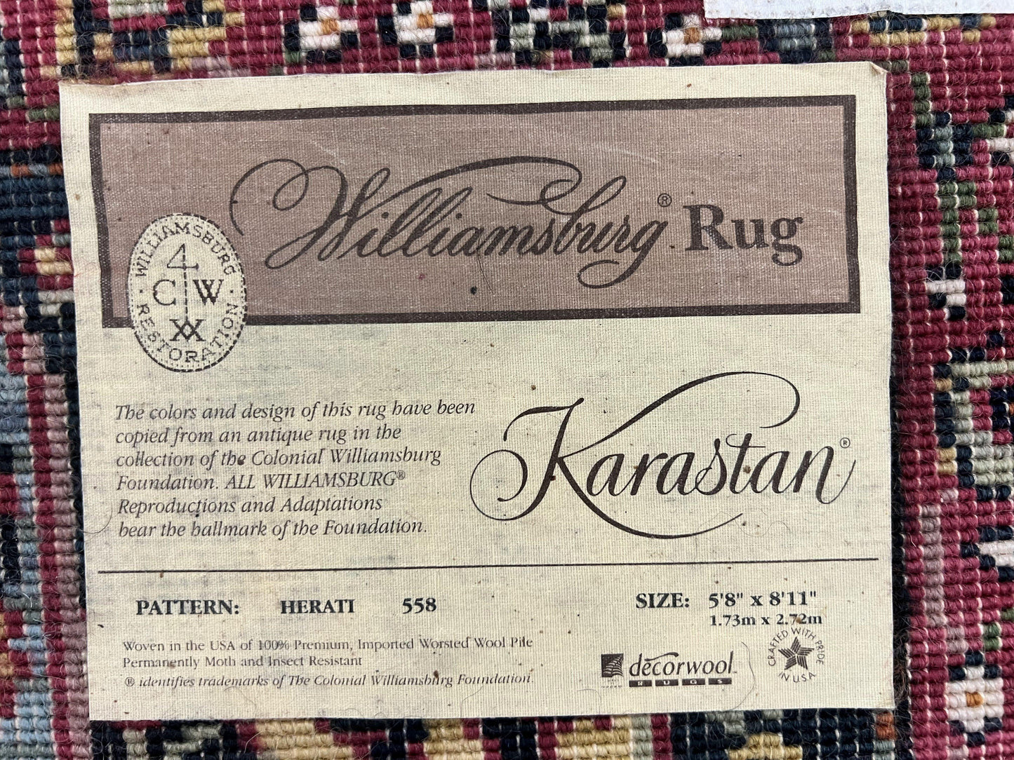 Karastan Rug 6x9, Williamsburg Herati #558, Wool Karastan Carpet, Vintage Karastan Persian Area Rug, Wool Pile - Nuvé