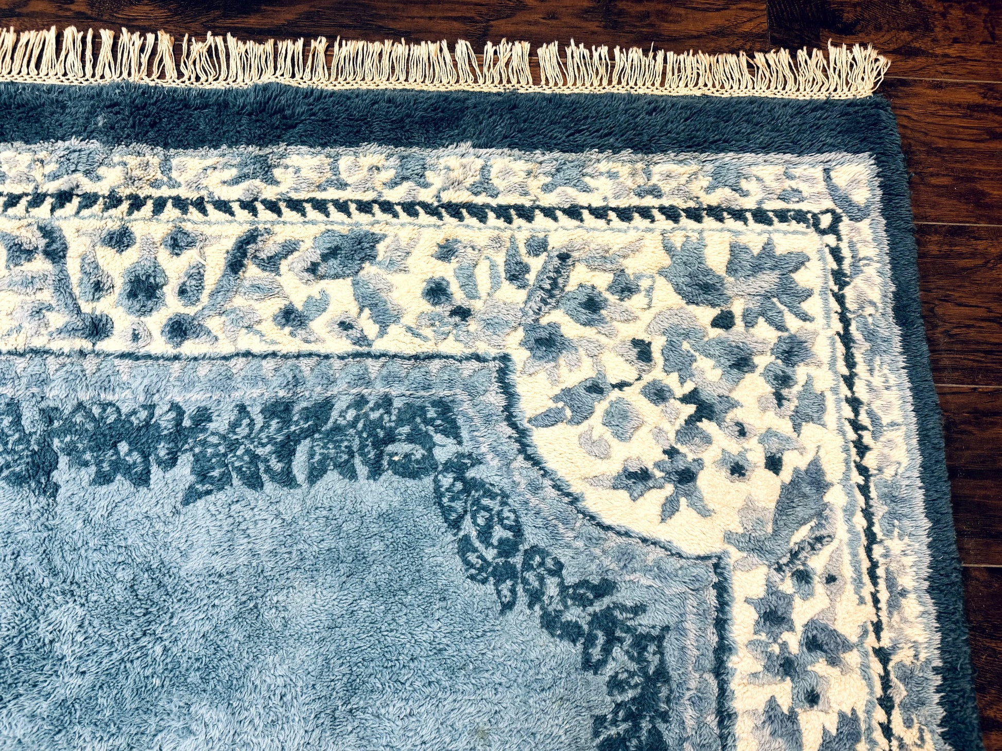 Indo Chinese Aubusson Rug 6x9, Light Blue and Ivory, Handmade Vintage Wool Carpet - Nuvé