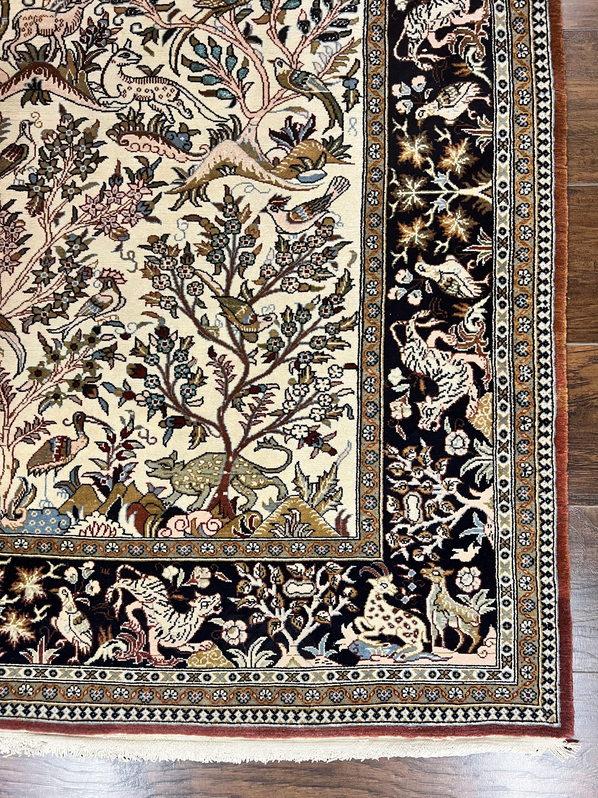 Persian Qum Tree of Life Rug 5x7, Wool and Silk Highlights, Animal Motifs, Vintage Hand Knotted Handmade Cream & Black Fine Oriental Carpet - Nuvé