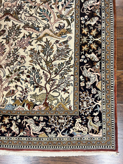 Persian Qum Tree of Life Rug 5x7, Wool and Silk Highlights, Animal Motifs, Vintage Hand Knotted Handmade Cream & Black Fine Oriental Carpet - Nuvé