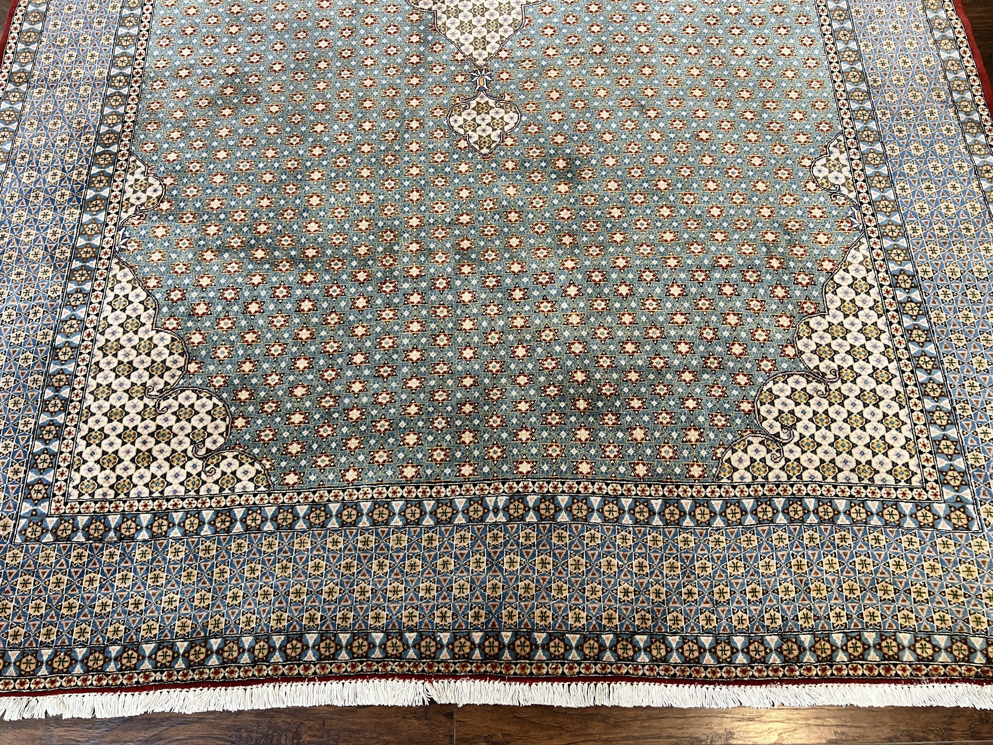 Rare Persian Rug 8x12, Qum Rug, Repeated Star Motifs, Blue and Ivory, Fine 300 KPSI, Hand Knotted Handmade Vintage Wool Rug - Nuvé