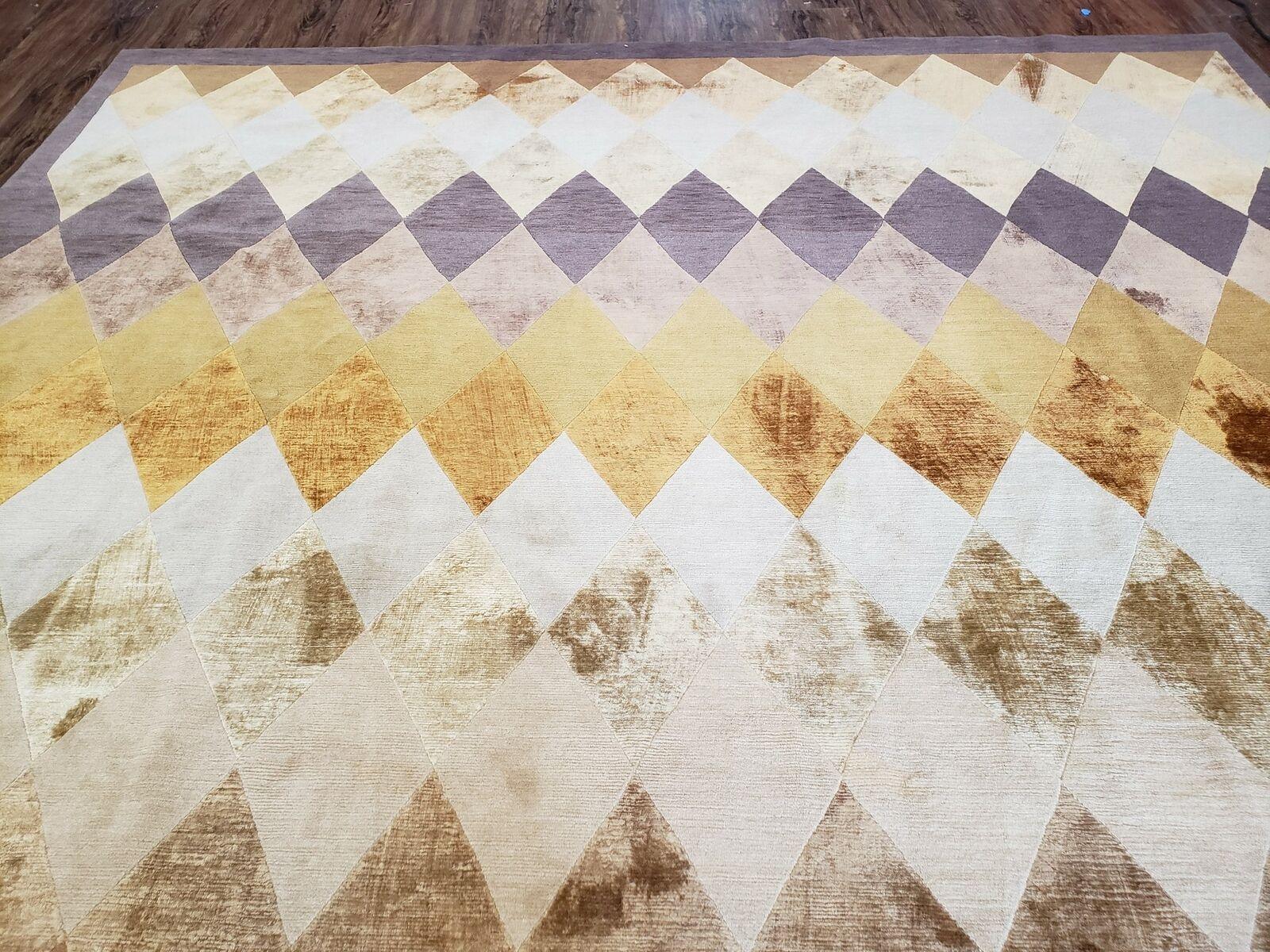 8' 6" X 11' Handmade Chinese Tibetan Nepal Silk & Wool Rug Gold Brown Tan Beige - Nuvé