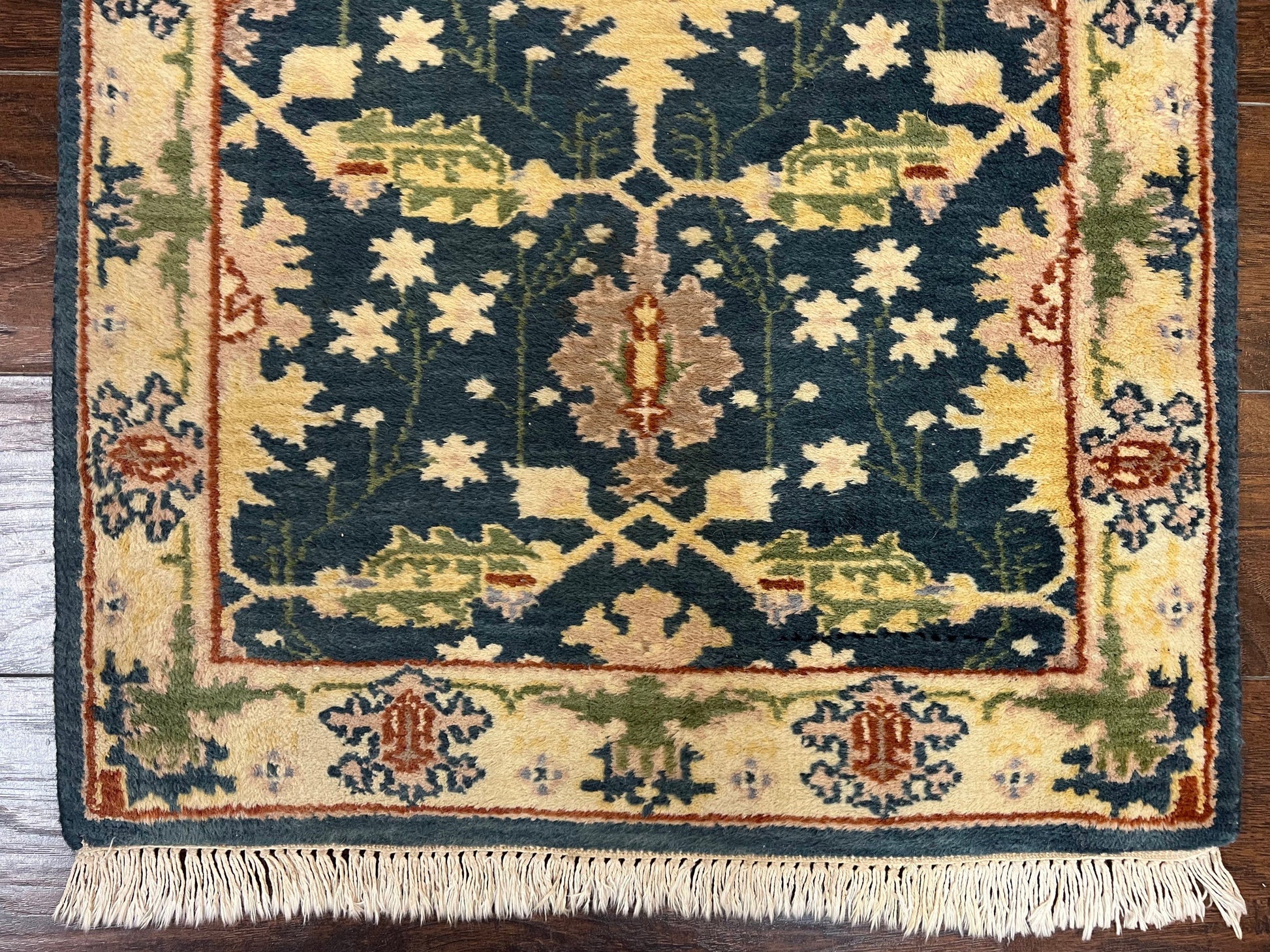 Indian Runner Rug 2.6 x 12, Navy Blue Beige Oriental Runner Rug 12ft Long, Narrow Hallway Runner, Wool Hand Knotted Indo Persian Mahal Rug - Nuvé