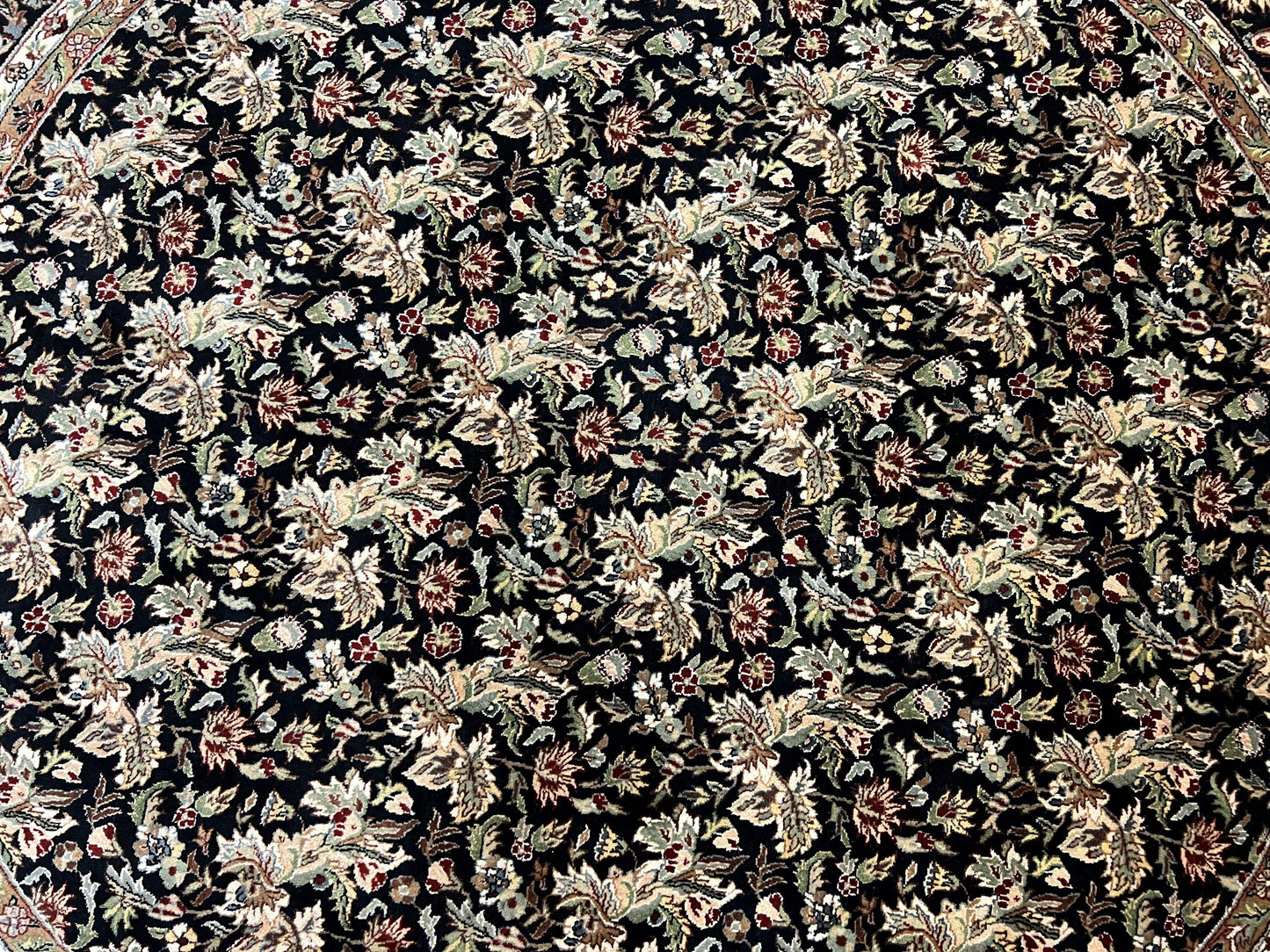 Round Oriental Rug 8x8 ft, William Morris Floral Pattern Carpet, 8 x 8 ft Round Rug, Black Cream and Tan 8ft Round Handmade Indo Persian Rug - Nuvé