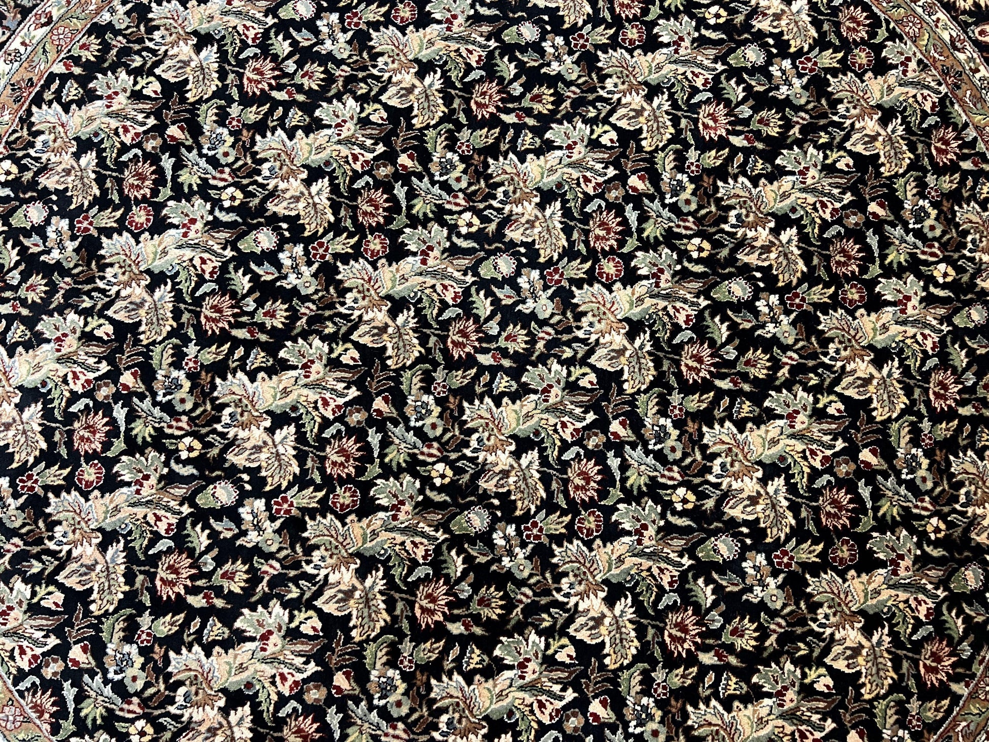 Round Oriental Rug 8x8 ft, William Morris Floral Pattern Carpet, 8 x 8 ft Round Rug, Black Cream and Tan 8ft Round Handmade Indo Persian Rug - Nuvé