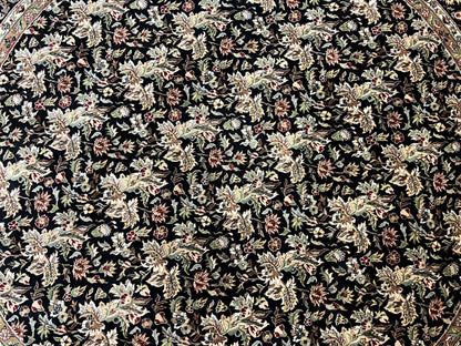 Round Oriental Rug 8x8 ft, William Morris Floral Pattern Carpet, 8 x 8 ft Round Rug, Black Cream and Tan 8ft Round Handmade Indo Persian Rug - Nuvé