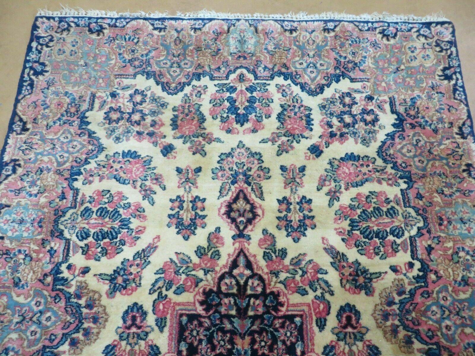Antique Persian Kirman Rug 3.9 x 6.6, Floral Oriental Carpet, Ivory/Cream - Blue - Pink, Hand Knotted Wool Rug, Floral Medallion Rug 4x6 - Nuvé