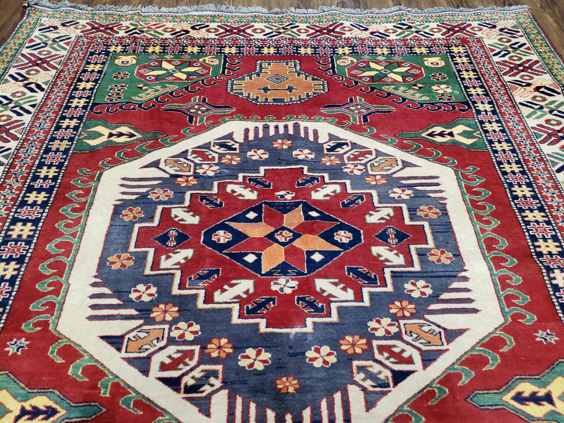 Vintage Turkish Kazak Area Rug, 6ft Square Rug, 6x6 Square Oriental Carpet, Hand-Knotted, Wool, Bold Colors, Red Blue Green, Geometric Rug - Nuvé