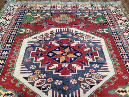 Vintage Turkish Kazak Area Rug, 6ft Square Rug, 6x6 Square Oriental Carpet, Hand-Knotted, Wool, Bold Colors, Red Blue Green, Geometric Rug - Nuvé
